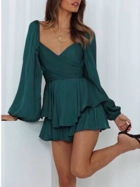 Hello Molly-Emerald Green Long-Sleeve Wrap Romper